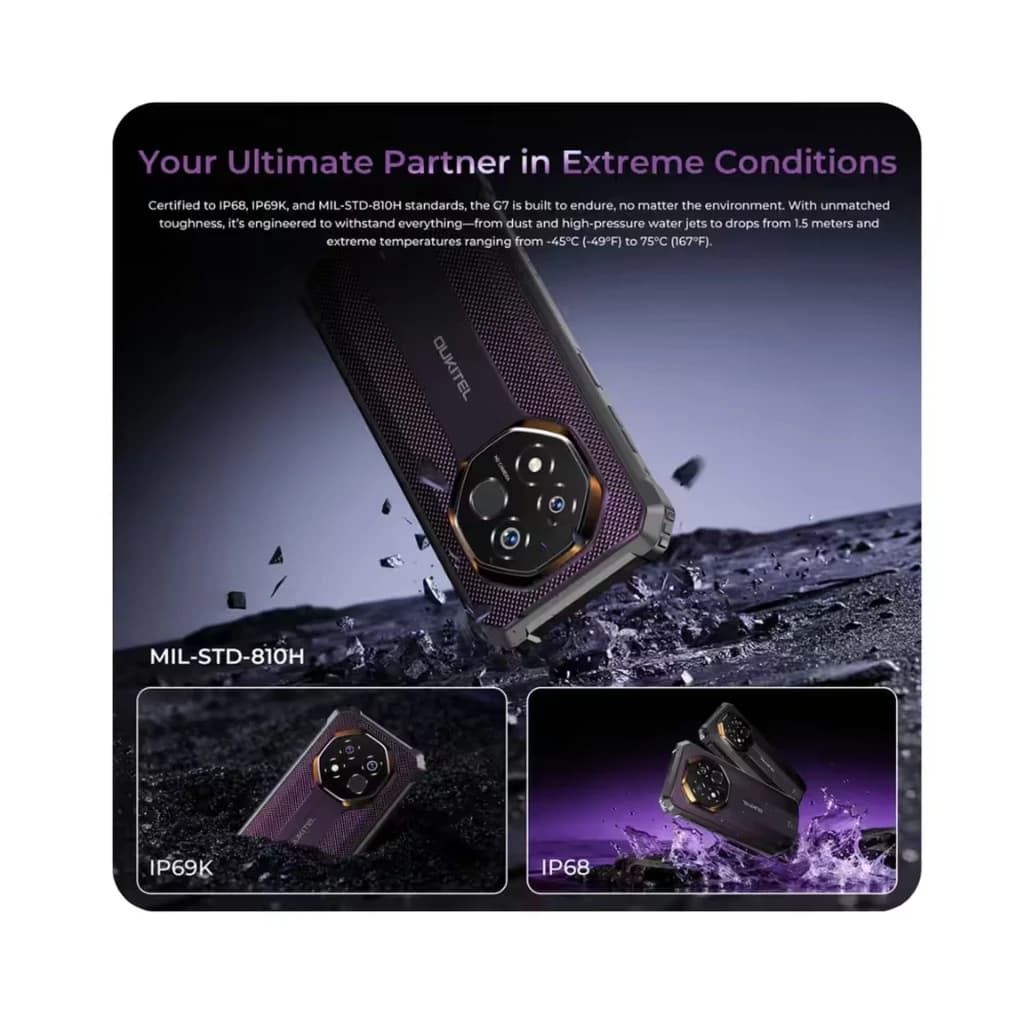 Oukitel G7 8GB/256GB Lila Rugged con carcasa robusta morada, módulo de cámara hexagonal, textura antideslizante y certificaciones IP68 e IP69K MIL-STD-810H