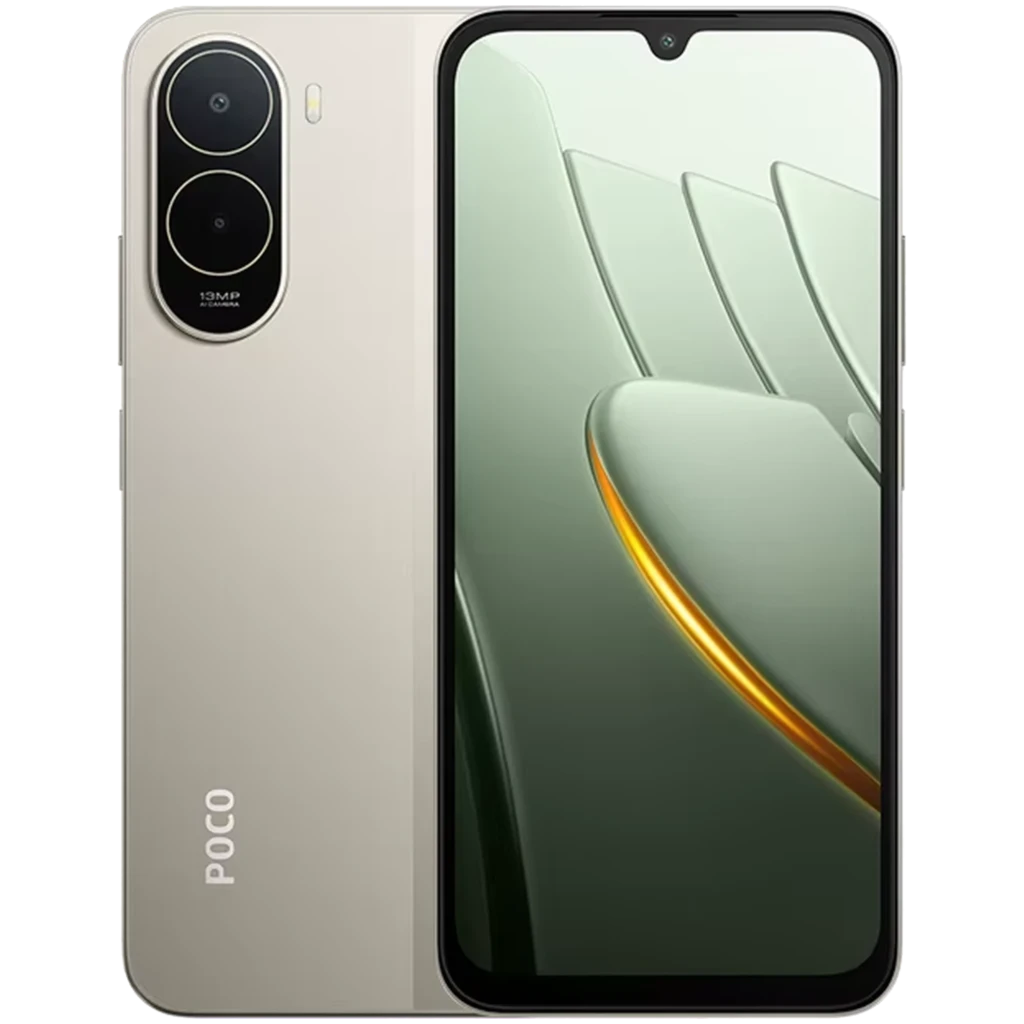 Xiaomi Poco C81 Pro 4G dourado com tela ampla de bordas finas, notch em gota, câmera traseira dupla com anel destacado e acabamento metálico elegante - Item