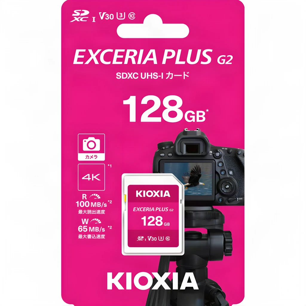 Cartão SD Kioxia Exceria Plus 128GB V30 U3 UHS-I 100MB/s leitura, conteúdo da caixa: embalagem rosa com cartão SD e câmara
