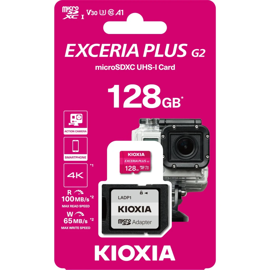 Cartão SD Kioxia Exceria Plus 128GB V30 U3 UHS-I 100MB/s leitura, embalagem: caixa rosa com cartão microSD, adaptador SD