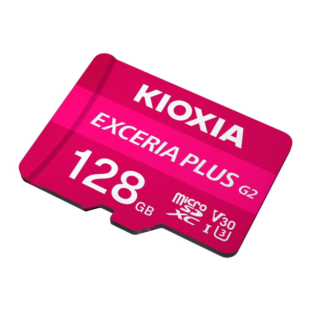Cartão SD Kioxia Exceria Plus 128GB V30 U3 UHS-I 100MB/s leitura, vista em ângulo: face frontal rosa com logos V30 U3