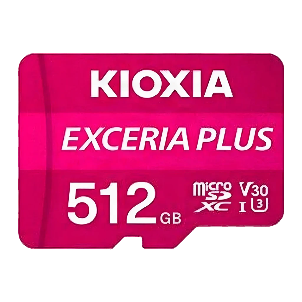 Cartão SD Kioxia Exceria Plus 128GB V30 U3 UHS-I 100MB/s leitura, vista frontal: face rosa com logos microSDXC V30 U3
