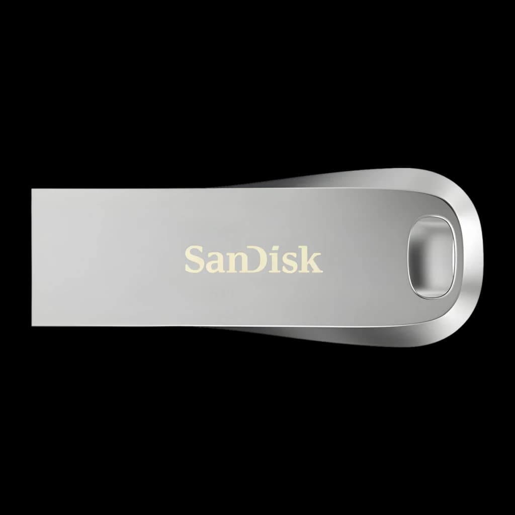 Pendrive SanDisk Ultra Luxe 32GB USB 3.1 en metal plateado, compacto y resistente, acabado pulido con logo SanDisk y ojal integrado para llavero, 150 MB/s