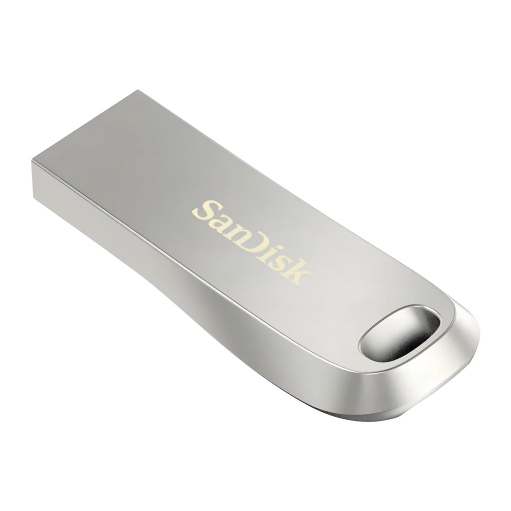 Pendrive SanDisk Ultra Luxe 32GB USB 3.1 en metal plateado, diseño compacto de una pieza con argolla para llavero y acabado pulido, velocidad 150 MB/s