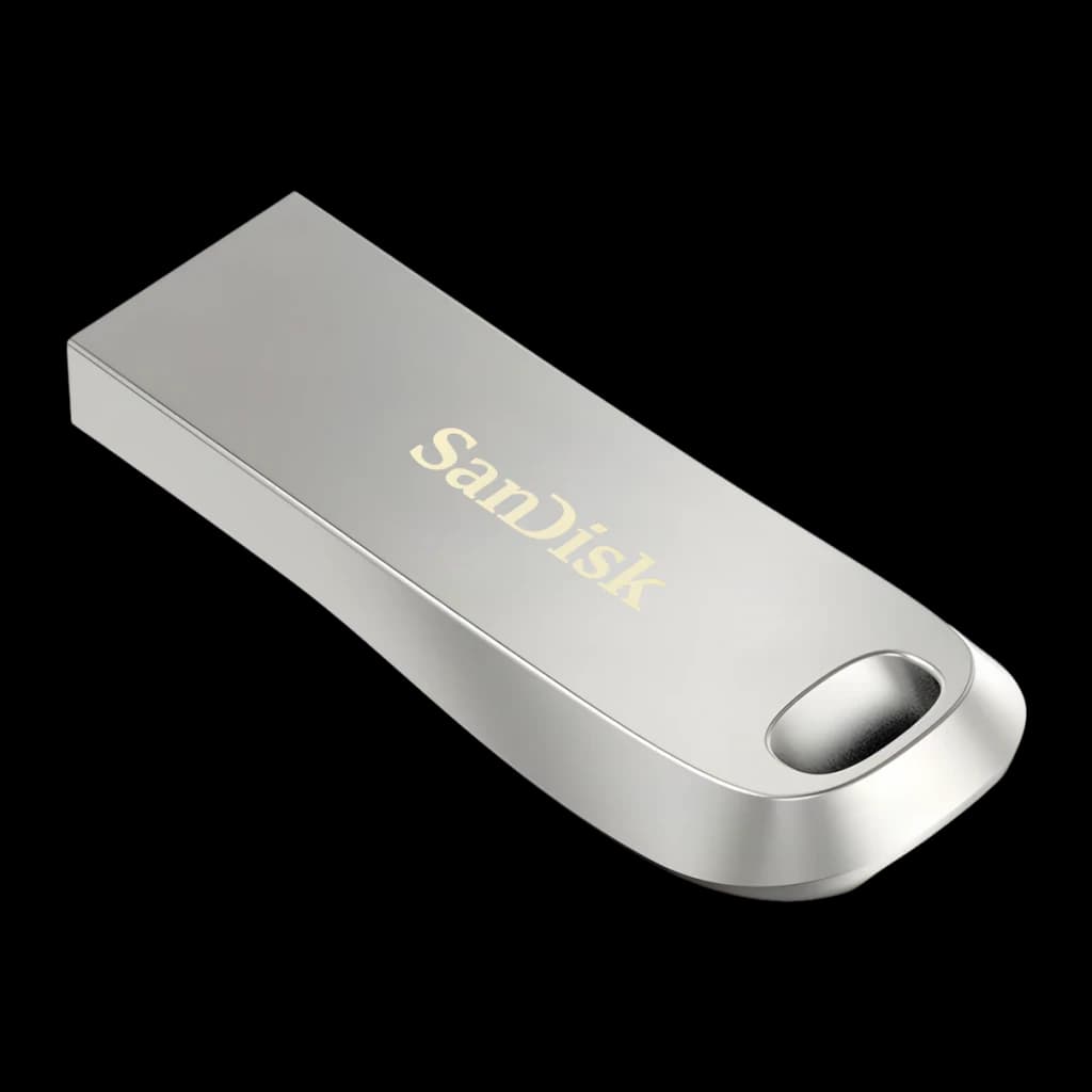 Pendrive SanDisk Ultra Luxe 32GB USB 3.1 en metal plateado, diseño compacto de una pieza con argolla para llavero y acabado pulido, velocidad 150 MB/s