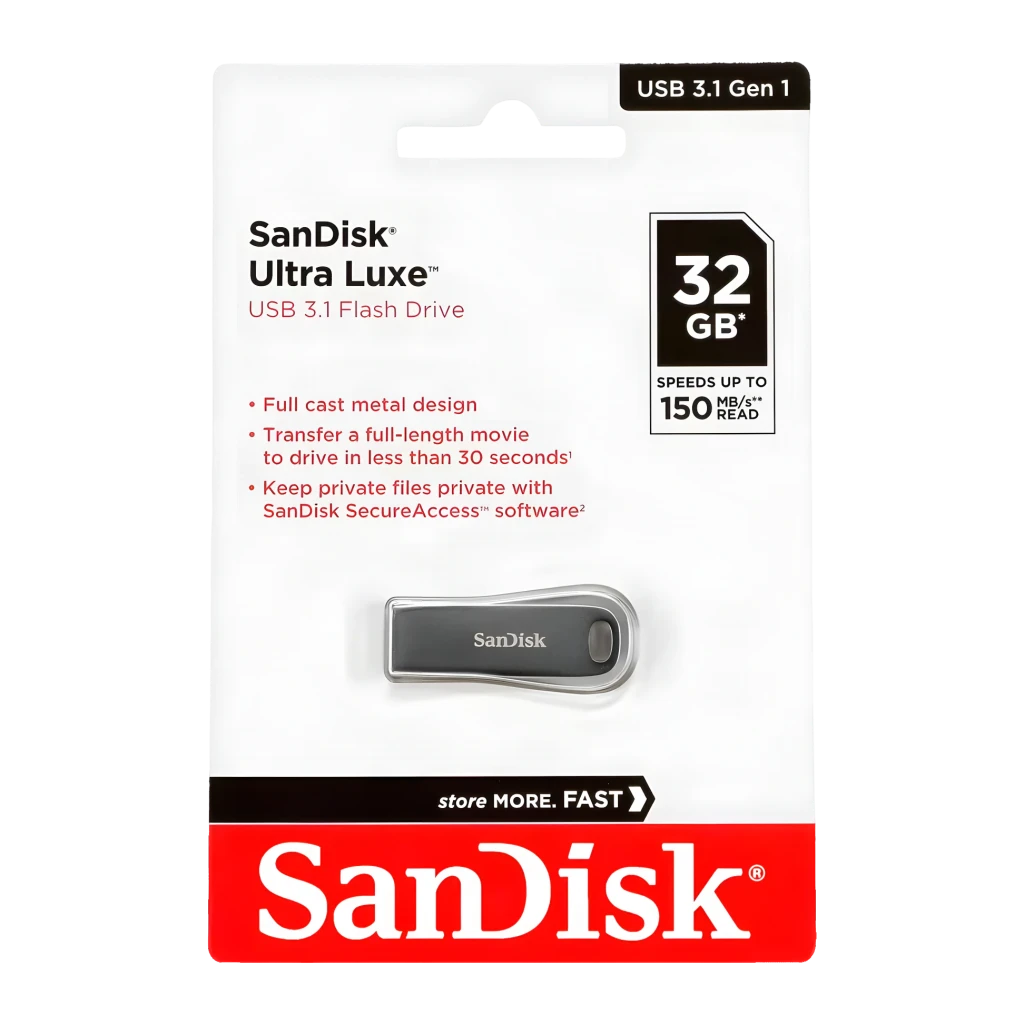 Pendrive SanDisk Ultra Luxe 32GB USB 3.1 con carcasa metálica gris, diseño compacto con aro para llavero y marca SanDisk grabada en el cuerpo