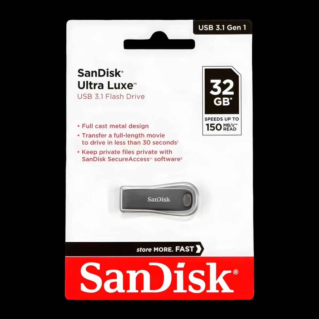 Pendrive SanDisk Ultra Luxe 32GB USB 3.1 con carcasa metálica gris, diseño compacto con aro para llavero y marca SanDisk grabada en el cuerpo