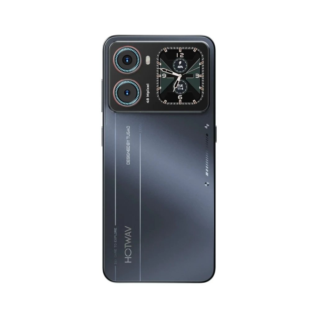 Hotwav X100GT 4G noir avec écran bord à bord à encoche goutte, double module photo arrière cerclé métal, dos gris lustré à bandes et marquages - Ítem2