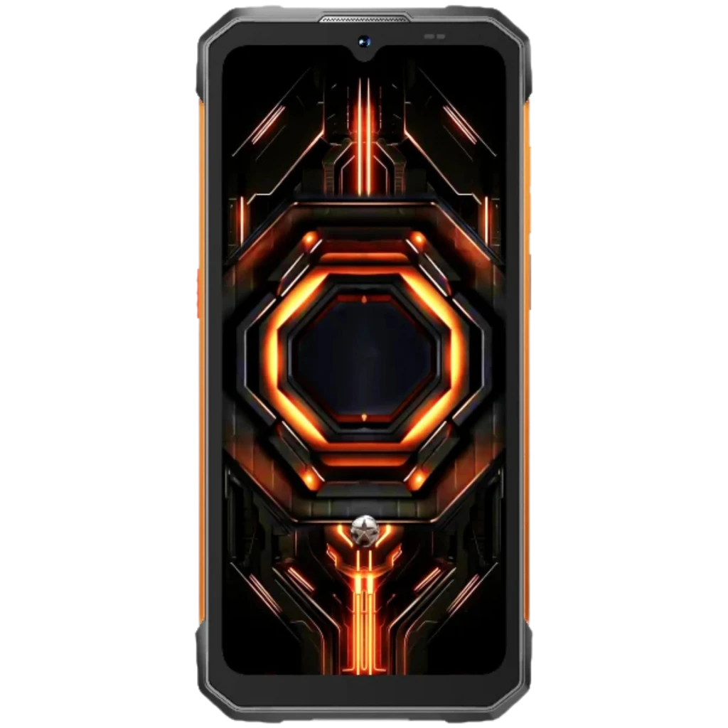 Hotwav Cyber 17 4G orange, design robuste avec coque noire et accents orange, module photo circulaire lumineux, écran futuriste aux motifs hexagonaux lumineux - Ítem1