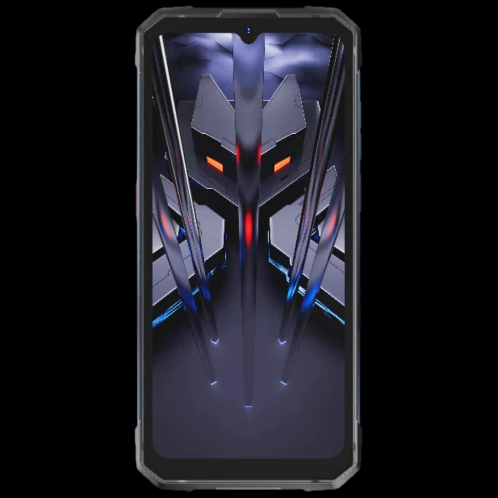 Hotwav Cyber 18 4G preto com tela cheia 120 Hz, moldura robusta e design futurista com luzes vermelhas na interface, aparência resistente e gamer