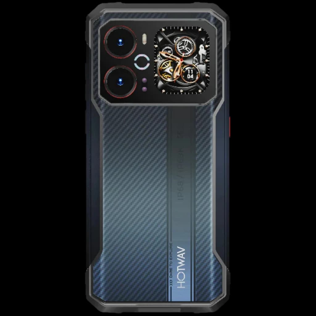 Hotwav Cyber 18 4G 256 GB Preto 8 GB 120 Hz com traseira texturizada, módulo duplo de câmera com aros vermelhos e detalhe mecânico aparente no canto superior