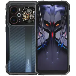 Hotwav Cyber 18 4G Preto com corpo robusto, textura carbono, módulo de câmera duplo e display 120 Hz com bordas reforçadas e detalhes em vermelho