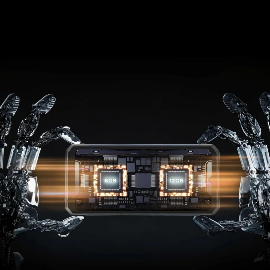 Hotwav Cyber 18 4G Preto com design robusto, iluminação interna dos chips destacada, módulos 8 GB e 12 GB em evidência e efeito de velocidade 120 Hz