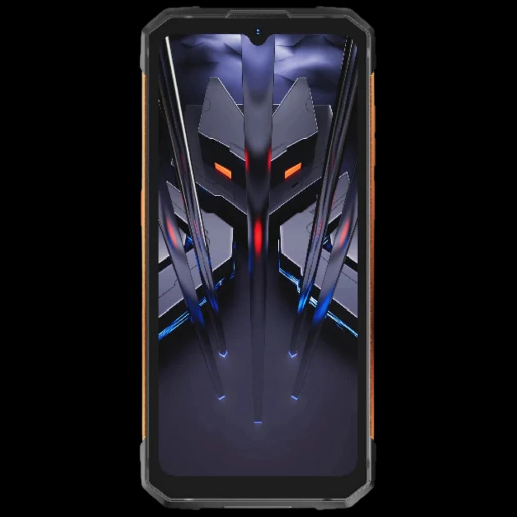 Hotwav Cyber 18 4G laranja com moldura robusta, tela ampla com notch em V e papel de parede futurista com linhas metálicas e detalhes em vermelho e roxo