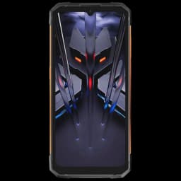 Hotwav Cyber 18 4G laranja com moldura robusta, tela ampla com notch em V e papel de parede futurista com linhas metálicas e detalhes em vermelho e roxo