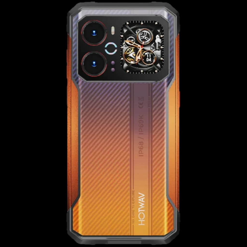 Hotwav Cyber 18 4G laranja com traseira robusta em gradiente, duas câmeras grandes, detalhe mecânico decorativo e selo IP68 IP69K CECE