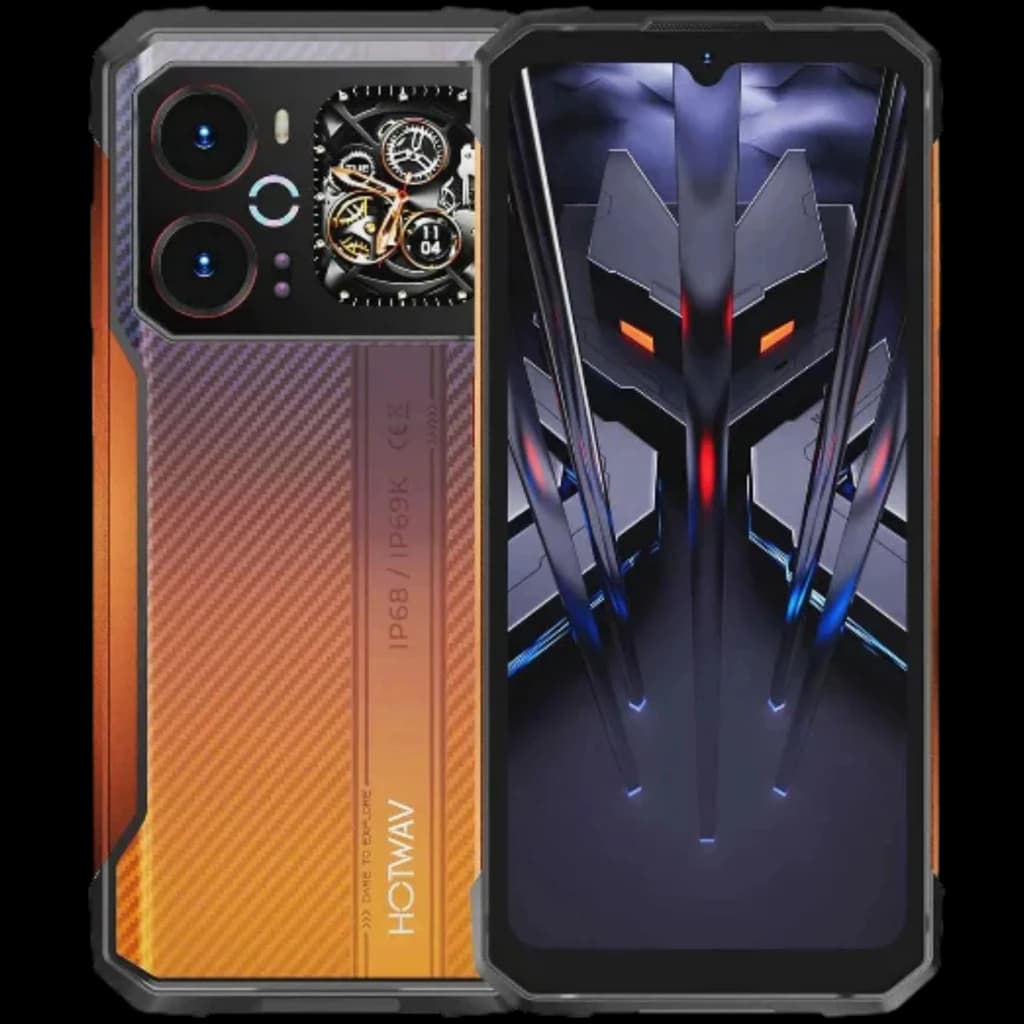 Hotwav Cyber 18 4G laranja com 256 GB e 8 GB RAM, tela cheia com recortes angulares, módulo traseiro com duas câmeras grandes e detalhe mecânico IP68/IP69K