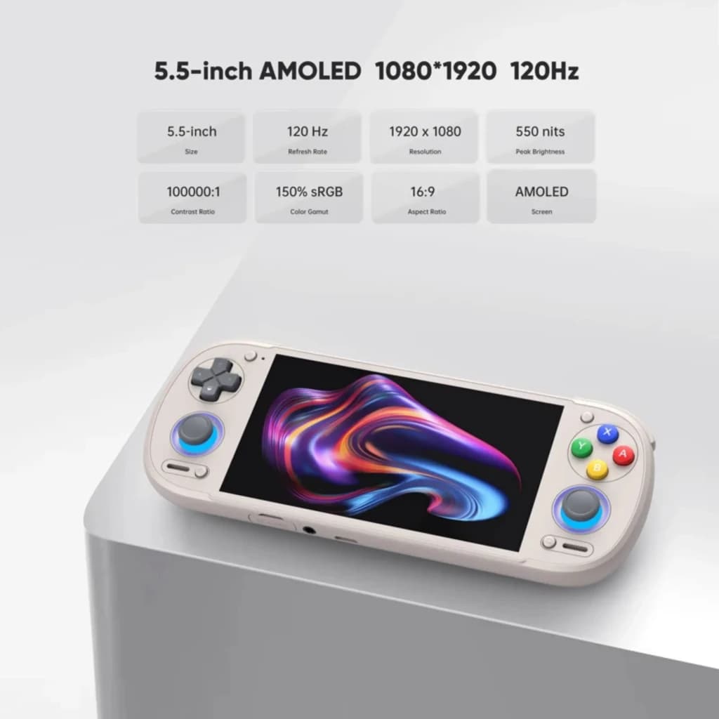 Retroid Pocket 6 256 Go AMOLED Gris argenté avec écran 5,5 pouces 1080x1920 120 Hz, joysticks asymétriques, croix directionnelle et boutons colorés