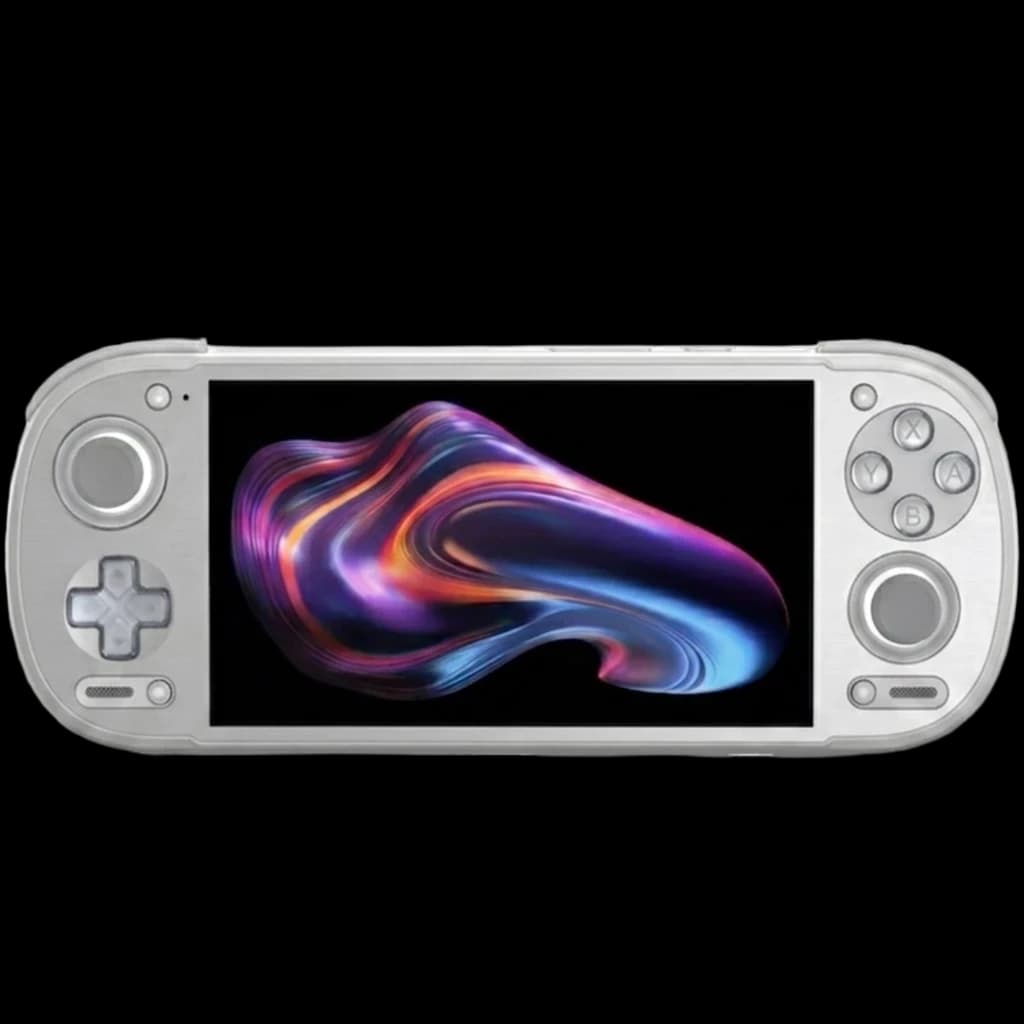 Console portable grise argentée avec écran AMOLED, 256 Go, croix directionnelle à gauche, quatre boutons A B X Y à droite et joystick double
