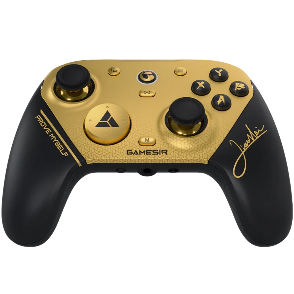GameSir G7 Pro 8K Champion Edition em dourado e preto, acabamento metálico, botões ABXY pretos, D-pad dourado, assinatura lateral e grafismos de coroa - Item2