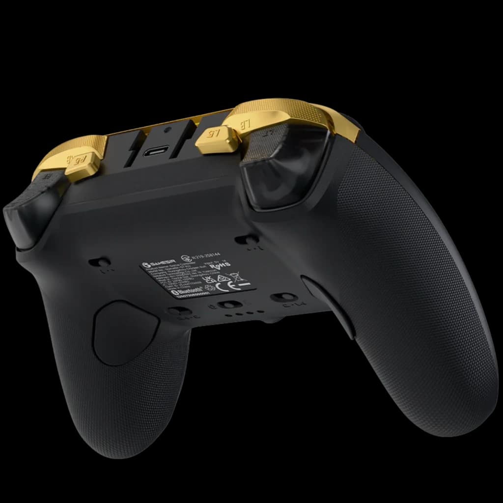 GameSir G7 Pro 8K Champion Edition Mando Inalámbrico PC con gatillos y bumpers dorados, agarre texturizado negro, puertos y botones traseros programables
