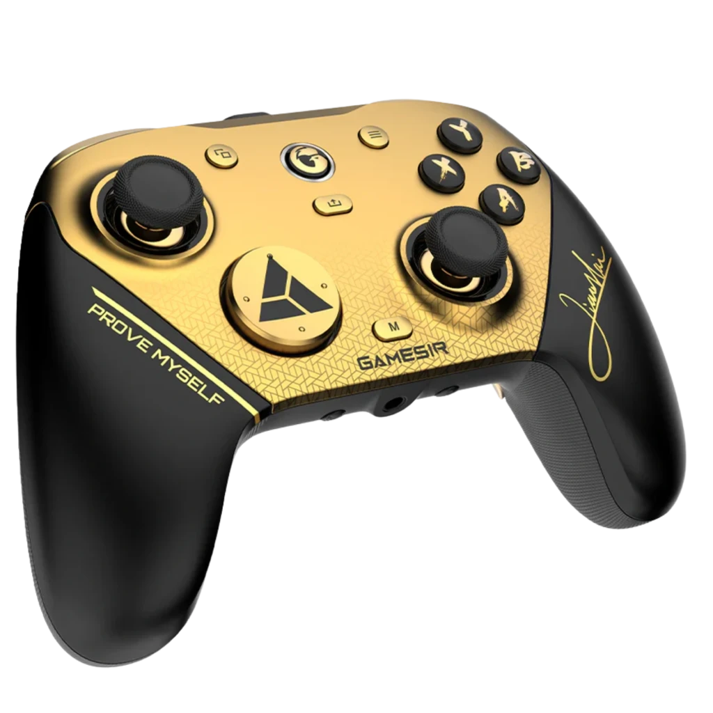 GameSir G7 Pro 8K Champion Edition em dourado e preto, acabamento metálico, botões ABXY pretos, D-pad dourado, assinatura lateral e grafismos de coroa - Item3
