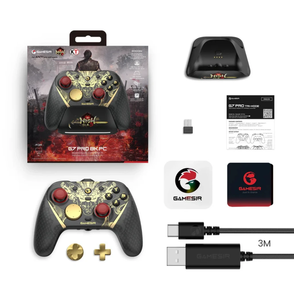 GameSir G7 Pro Nioh 3 Edition com arte dourada, botões ABXY, sticks vermelhos, gatilhos texturizados e base com logo Nioh 3 para PC, Android, iOS e Switch - Item5