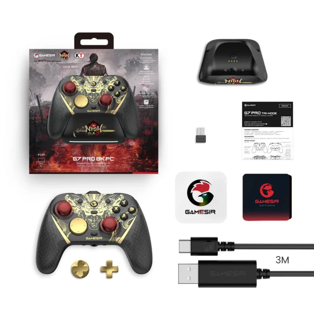 Mando GameSir G7 Pro Nioh 3 Edition negro con detalles dorados y rojos, botones intercambiables, base de carga, dongle USB, cable USB-C y manuales