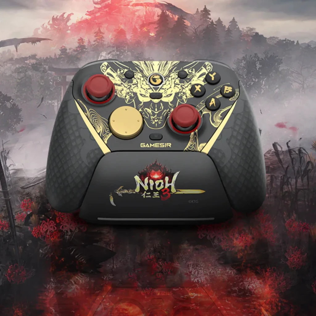 GameSir G7 Pro Nioh 3 Edition com arte dourada, botões ABXY, sticks vermelhos, gatilhos texturizados e base com logo Nioh 3 para PC, Android, iOS e Switch - Item6