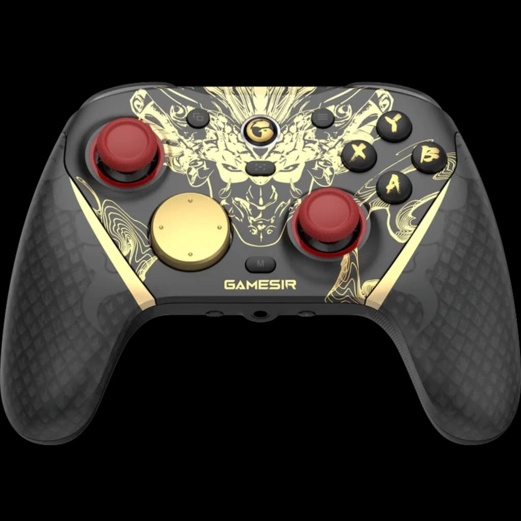 GameSir G7 Pro Nioh 3 Edition mando inalámbrico negro con arte dorado, sticks rojos, botones ABXY dorados, cruceta dorada y empuñaduras texturizadas