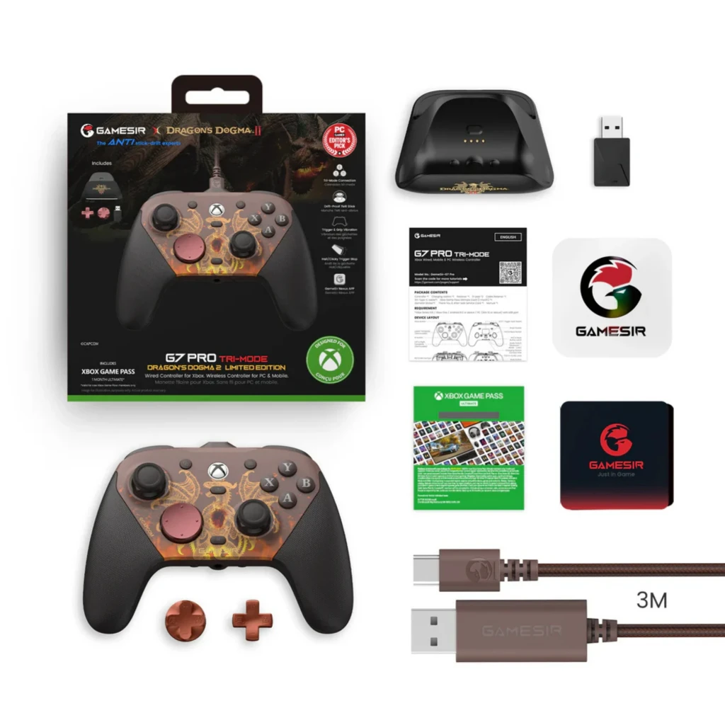 GameSir G7 Pro Dragon Dogma 2 Edition com capa marrom translúcida, arte de dragão dourado, botões ABXY, analógicos pretos e base de carregamento preta - Item5
