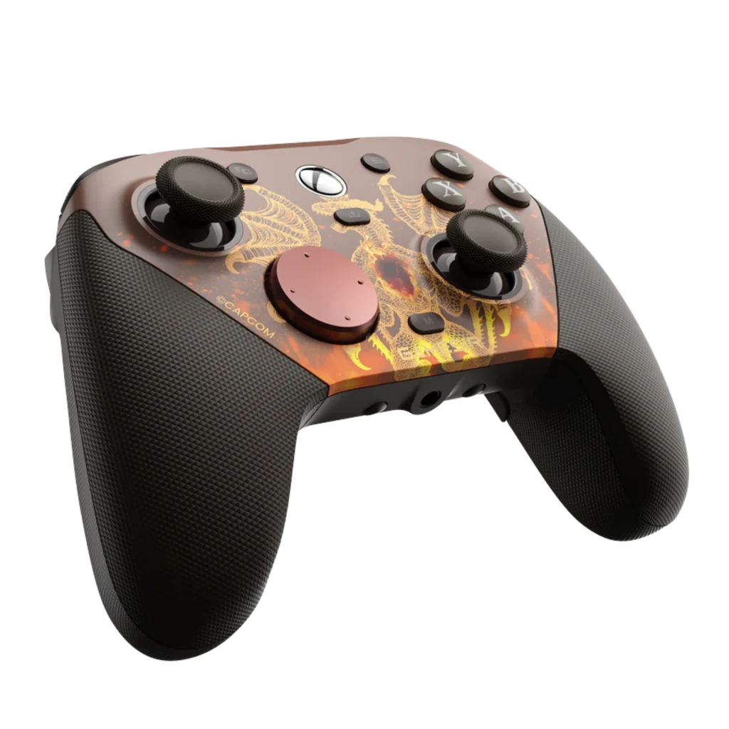 GameSir G7 Pro Dragon Dogma 2 Edition com capa marrom translúcida, arte de dragão dourado, botões ABXY, analógicos pretos e base de carregamento preta - Item1