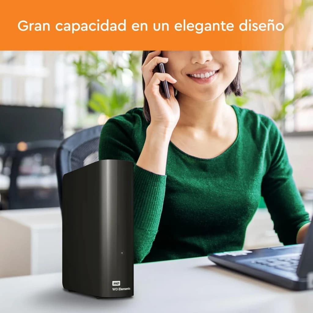 Disque dur externe WD Elements 20 To noir, boîtier vertical élégant en plastique brillant, LED discrète en façade, connexion USB 3.2 pour bureau
