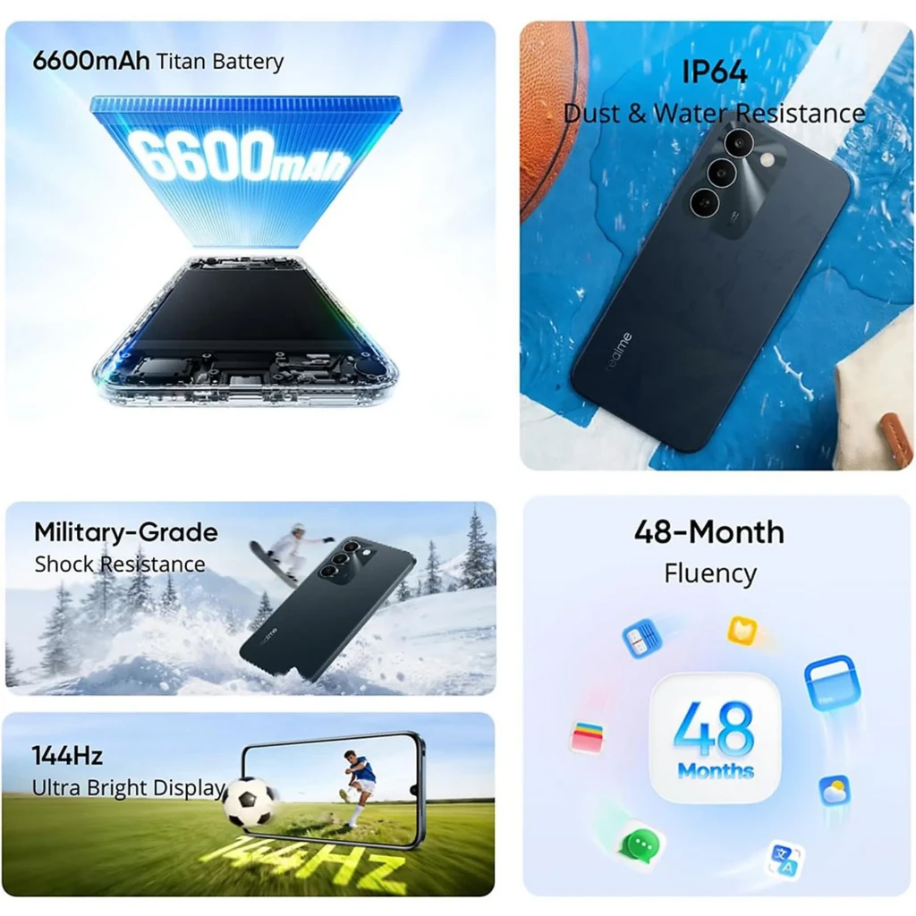 Smartphone Realme C100 5G morado con pantalla grande sin bordes, notch en forma de gota y triple cámara trasera alineada verticalmente con flash integrado - Ítem7