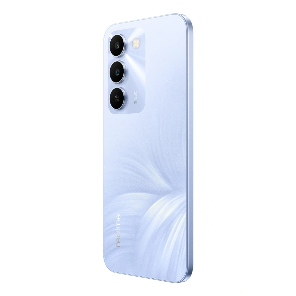 Realme C100 5G morado con pantalla notch en gota, módulo trasero triple con lente principal de 50 Mpx y acabado brillante; 128GB y 4GB de RAM visibles - Ítem4