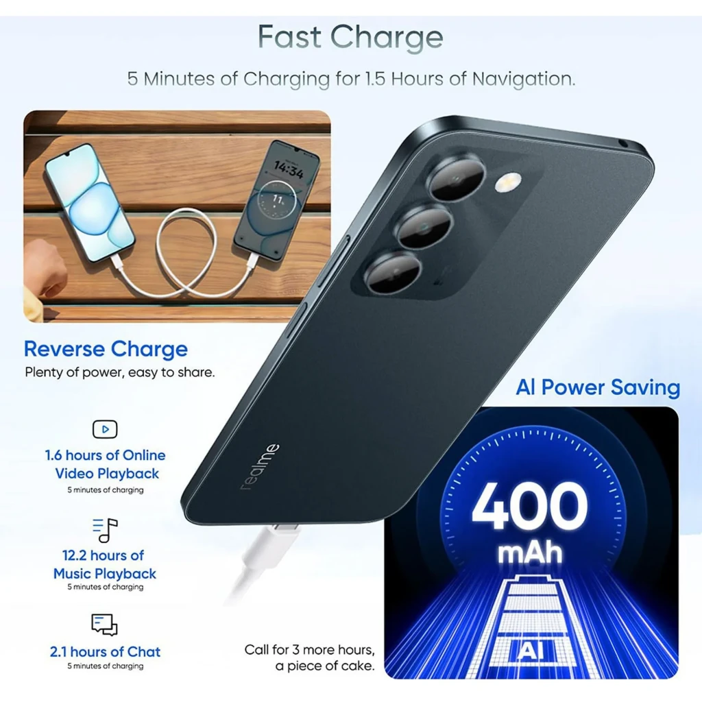 Realme C100 5G morado con pantalla notch en gota, módulo trasero triple con lente principal de 50 Mpx y acabado brillante; 128GB y 4GB de RAM visibles - Ítem9