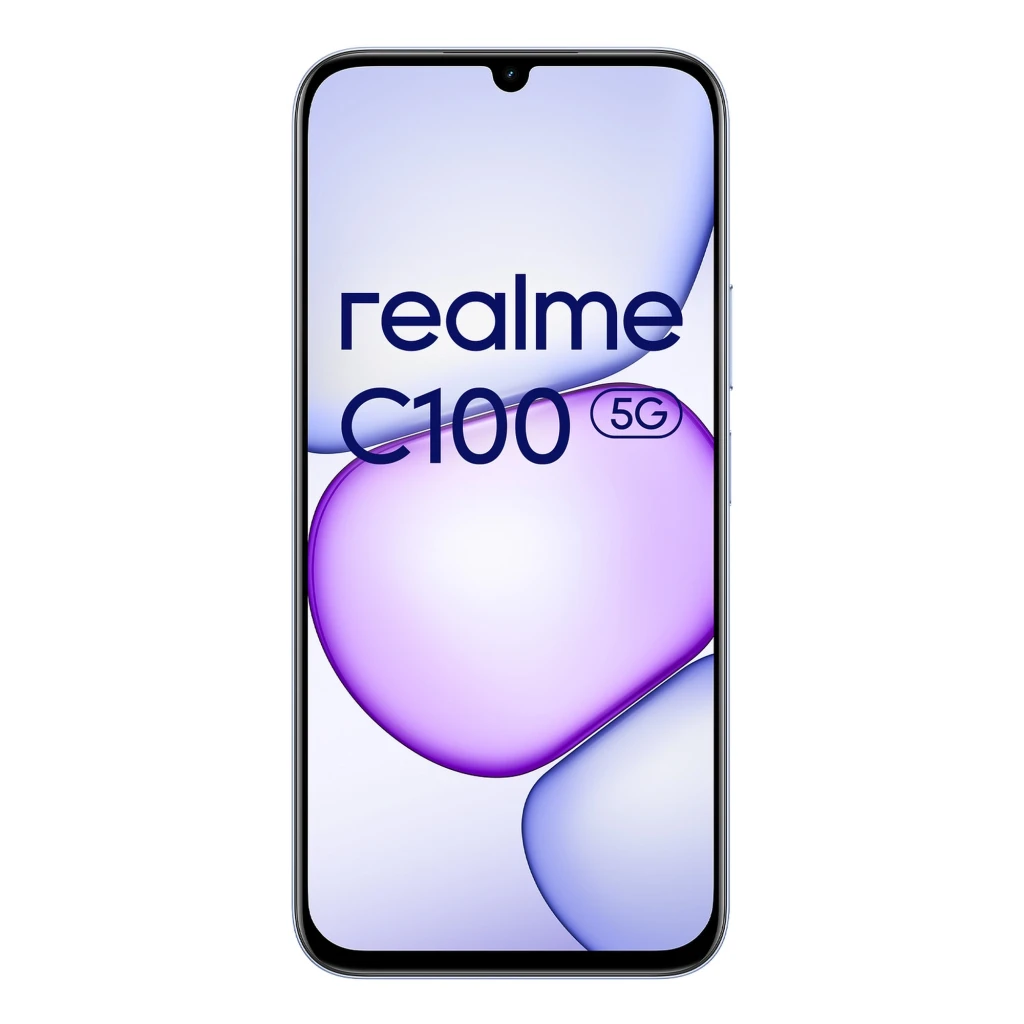 Realme C100 5G morado con pantalla notch en gota, módulo trasero triple con lente principal de 50 Mpx y acabado brillante; 128GB y 4GB de RAM visibles - Ítem1