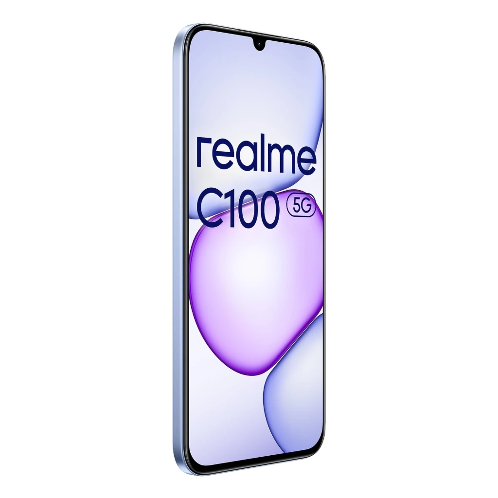 Realme C100 5G morado con pantalla notch en gota, módulo trasero triple con lente principal de 50 Mpx y acabado brillante; 128GB y 4GB de RAM visibles - Ítem3