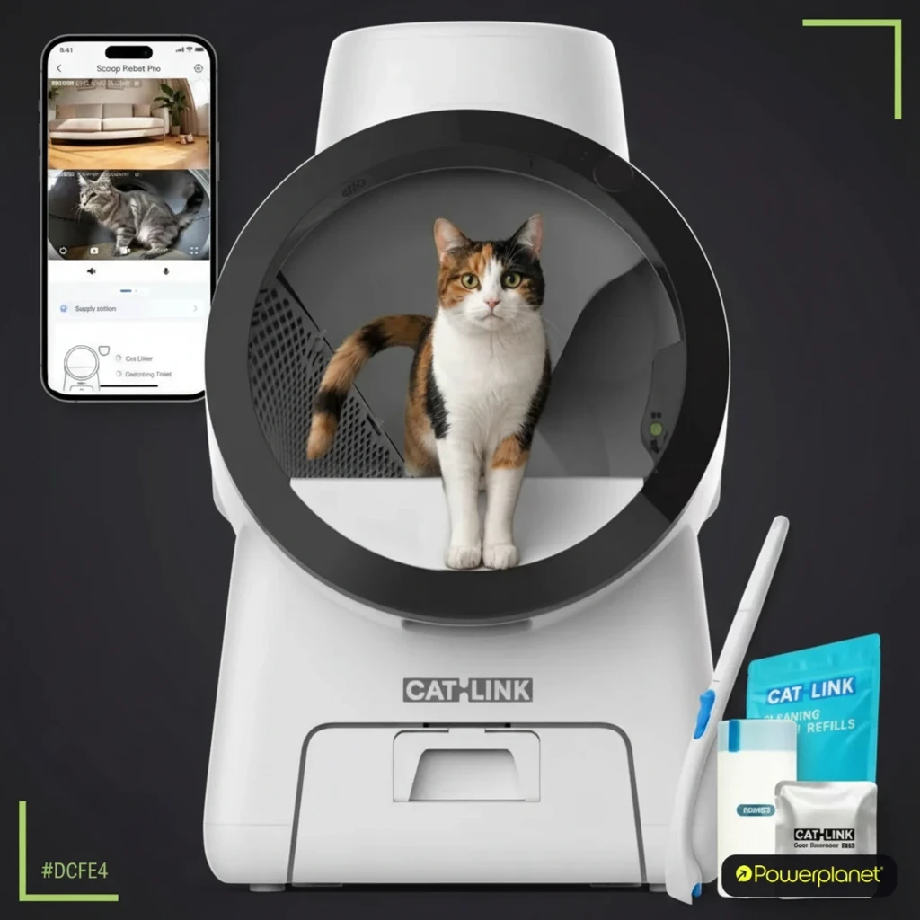 Arenero autolimpiable blanco con tambor esférico negro, base robusta CAT-LINK, panel lateral ventilado, luz indicadora y entrada frontal para fácil acceso - Ítem12