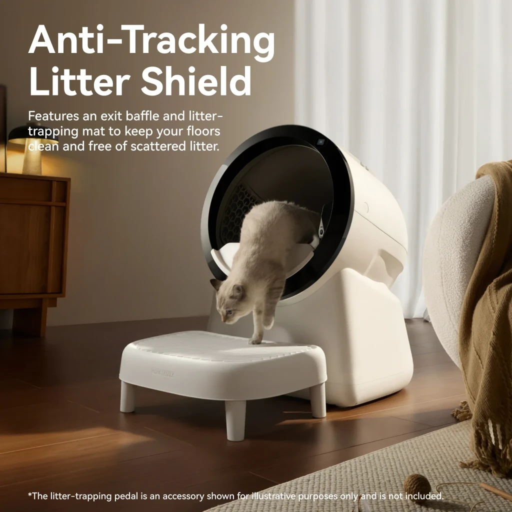 Arenero autolimpiable blanco con tambor esférico negro, base robusta CAT-LINK, panel lateral ventilado, luz indicadora y entrada frontal para fácil acceso - Ítem8