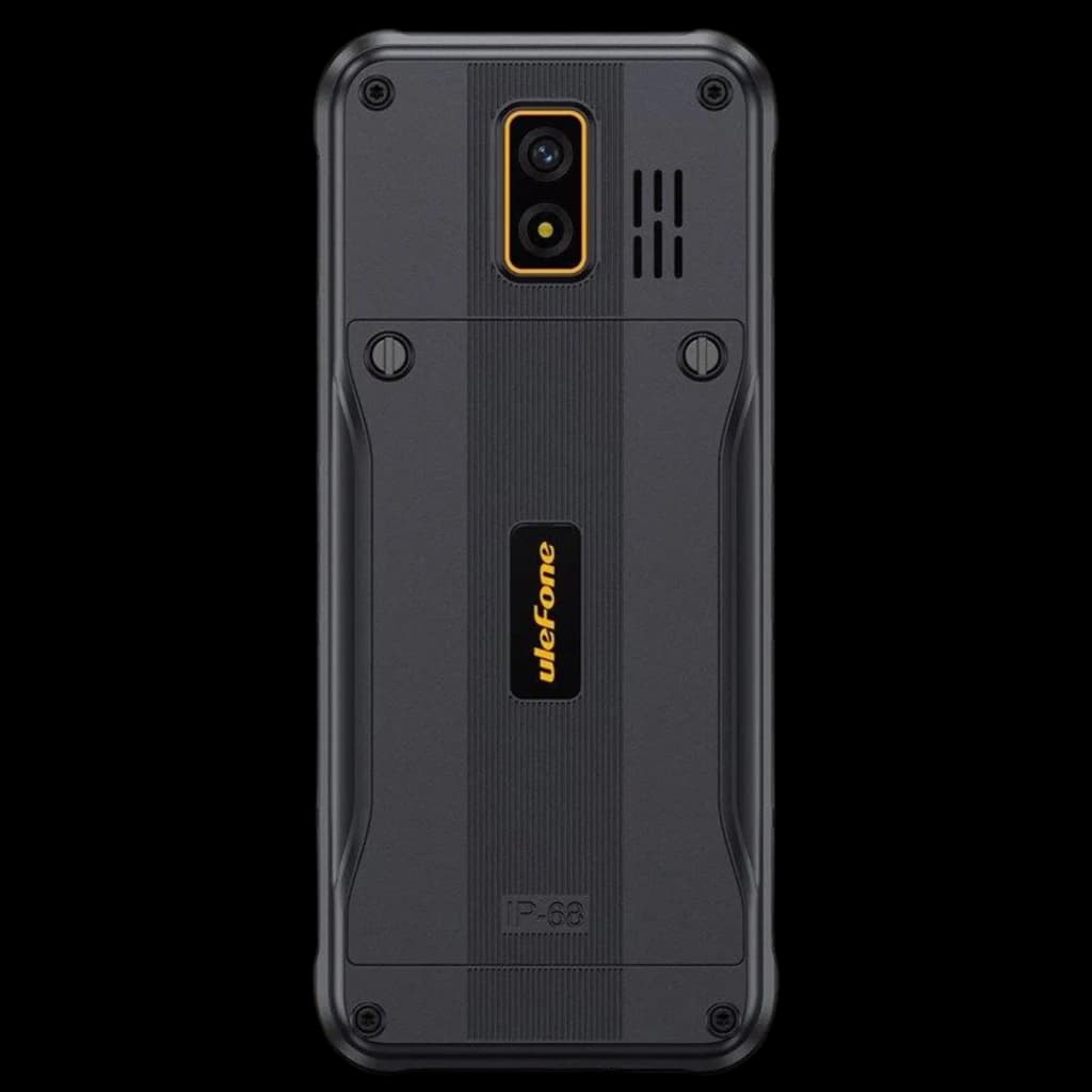 Ulefone Armor Mini 4 4G IP68 IP69K con tapa trasera rugerizada, doble cámara vertical, tornillos visibles, altavoz trasero y logotipo amarillo en el centro