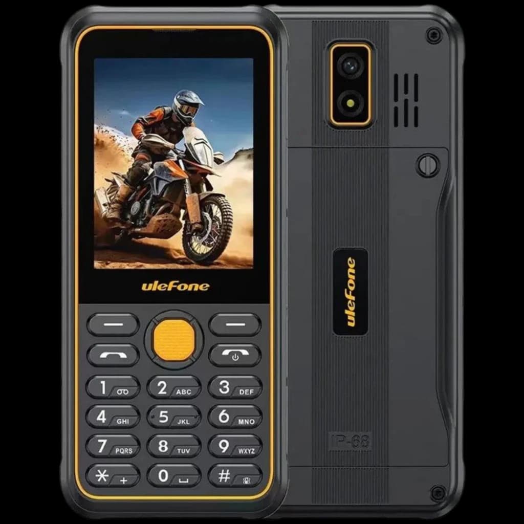 Ulefone Armor Mini 4 4G rugerizado IP68 IP69K con carcasa negra y detalles naranjas, teclado físico grande, pantalla a color y cámara trasera con flash