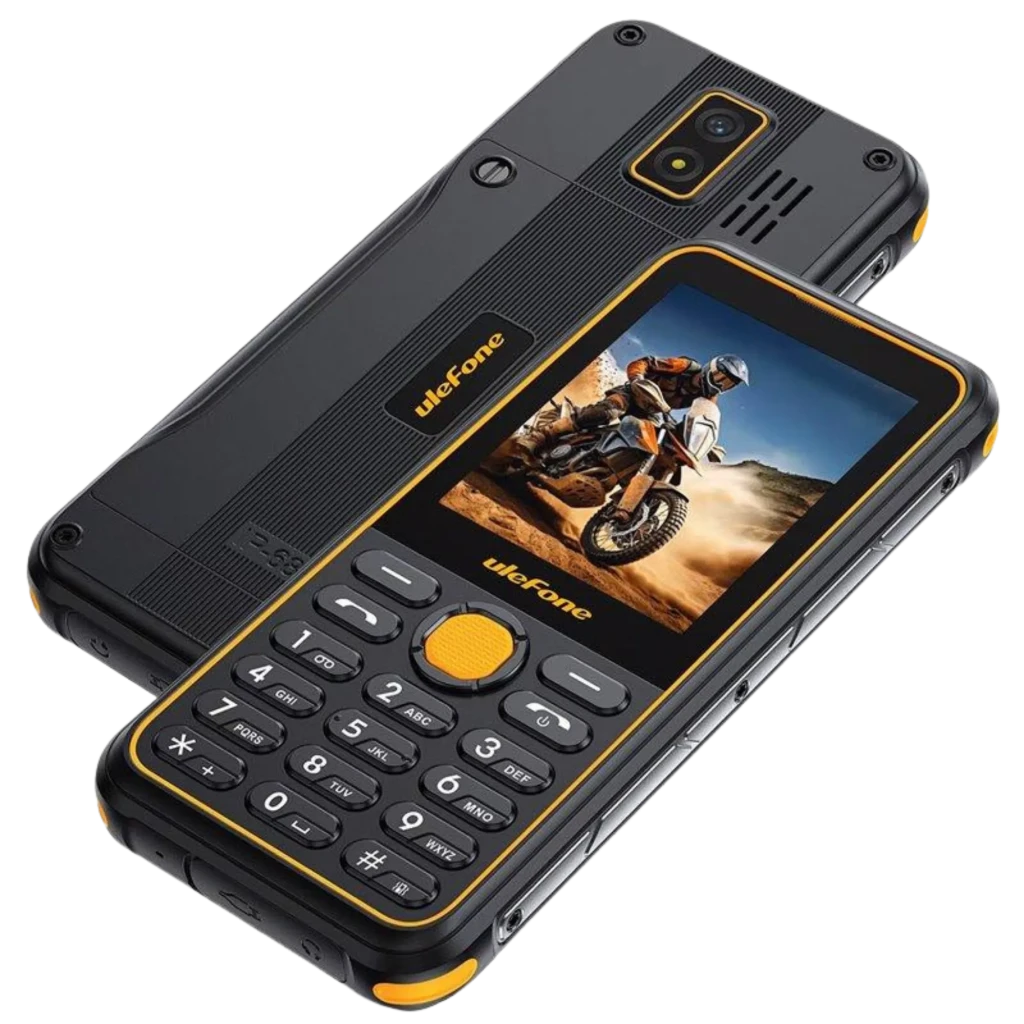 Ulefone Armor Mini 4 4G IP68/IP69K com corpo robusto preto e laranja, ecrã pequeno a cores, teclado físico grande, câmara traseira e grelha de altifalante - Item2