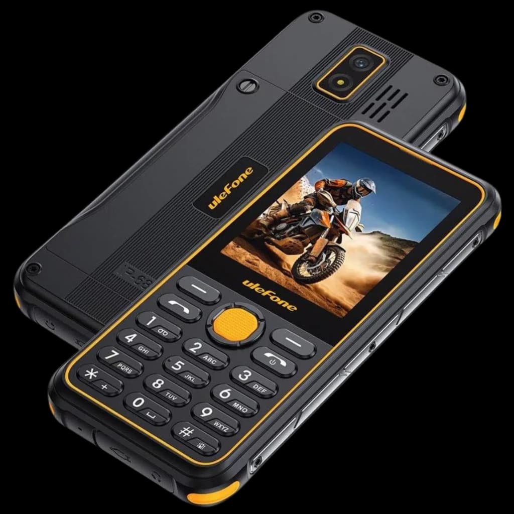 Ulefone Armor Mini 4 4G rugerizado IP68/IP69K, carcasa negra con bordes amarillos, pantalla a color, teclado físico grande y cámara trasera con flash