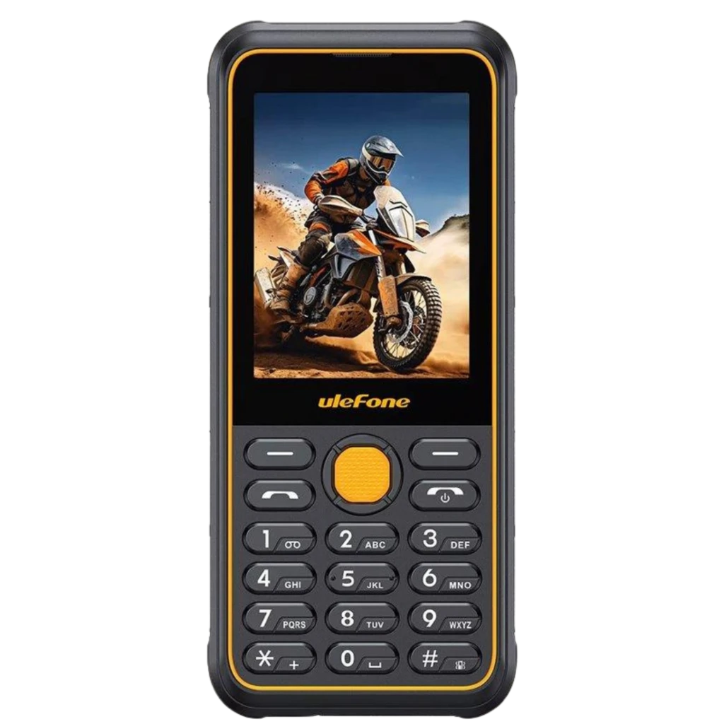 Ulefone Armor Mini 4 4G IP68/IP69K com corpo robusto preto e laranja, ecrã pequeno a cores, teclado físico grande, câmara traseira e grelha de altifalante - Item1