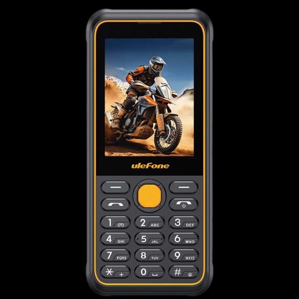 Ulefone Armor Mini 4 4G IP68/IP69K con carcasa rugerizada negra y bordes naranjas, pantalla compacta a color y teclado físico grande con botón central naranja