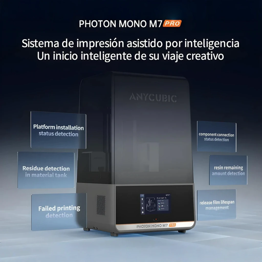 Anycubic Photon Mono M7 Pro - Impresora 3D de resina con cubierta ahumada, eje Z robusto, pantalla táctil frontal y base metálica blanca con logotipo Pro - Ítem3