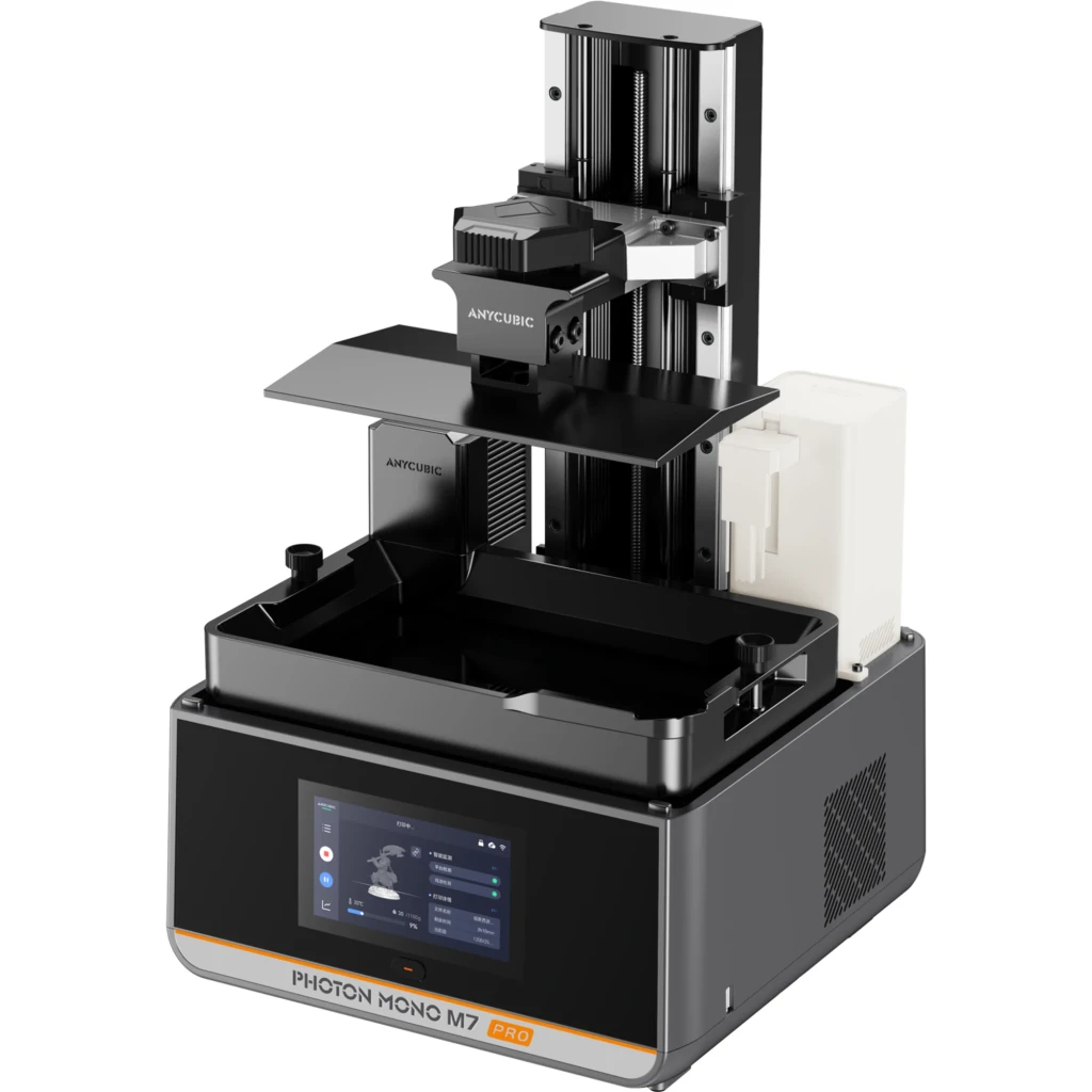 Anycubic Photon Mono M7 Pro - Impresora 3D de resina con cubierta ahumada, eje Z robusto, pantalla táctil frontal y base metálica blanca con logotipo Pro - Ítem1