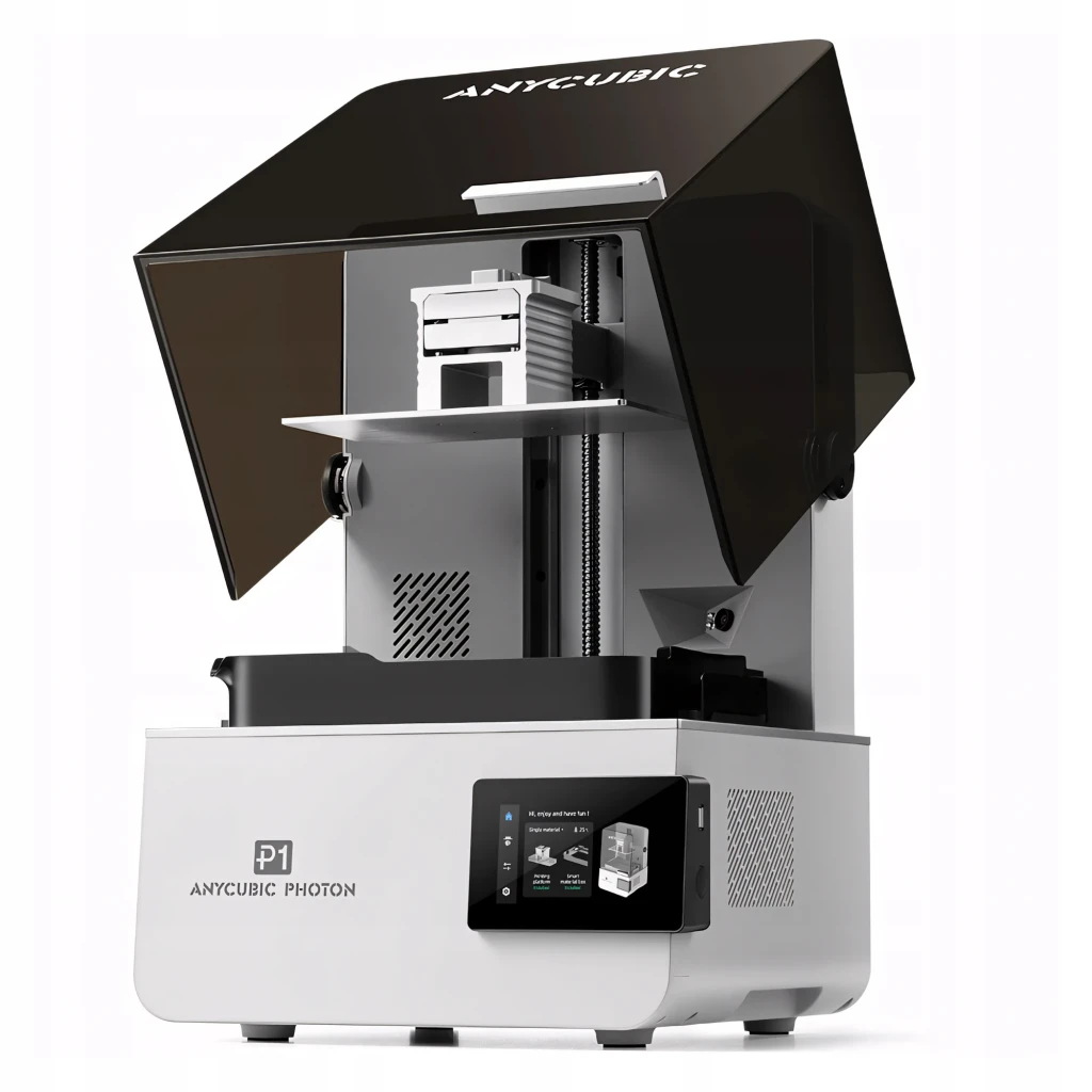 Impresora 3D Anycubic Photon P1 14K con carcasa negra ahumada, base blanca y pantalla táctil frontal; diseño compacto para resina MSLA - Ítem1