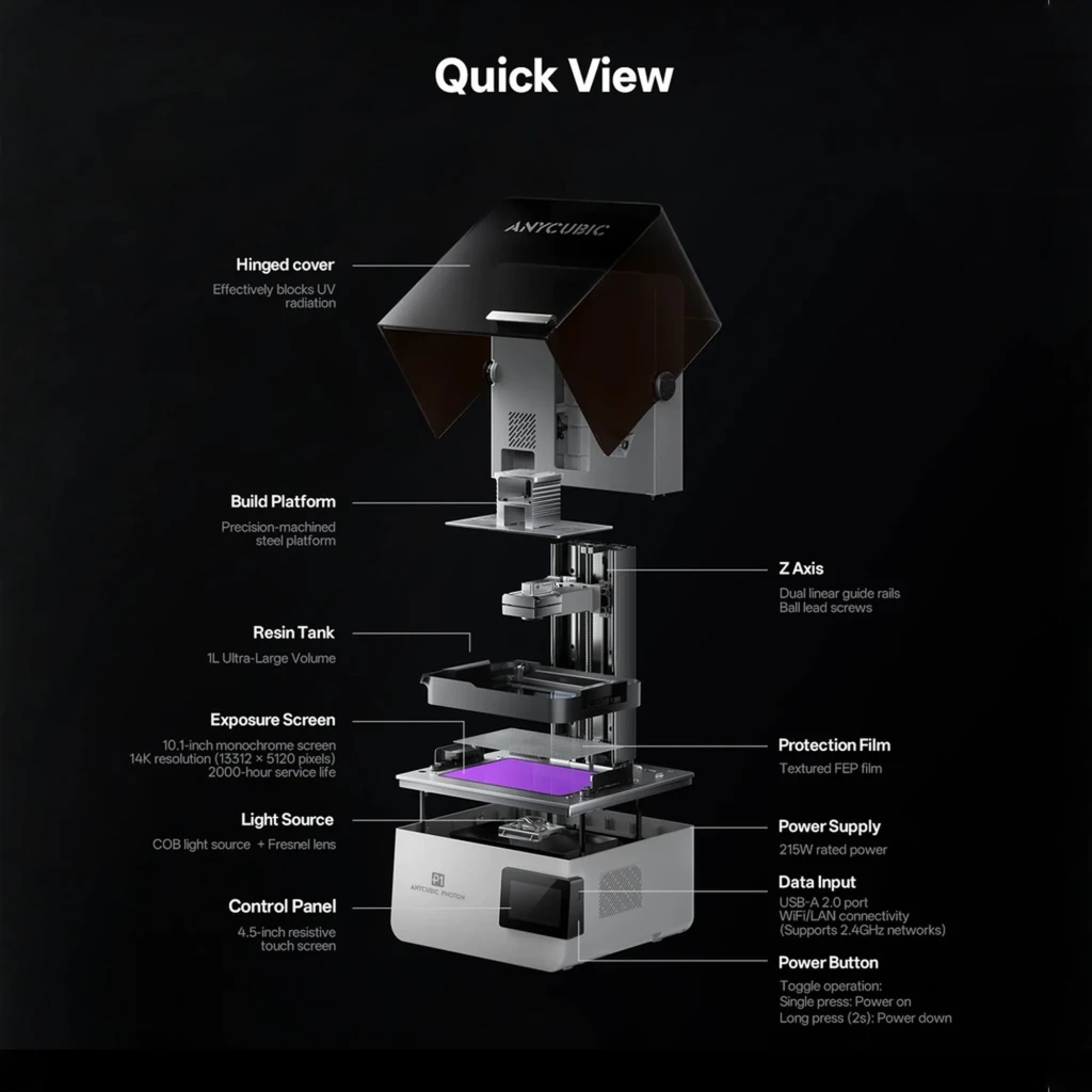 Impresora 3D Anycubic Photon P1 14K con carcasa negra ahumada, base blanca y pantalla táctil frontal; diseño compacto para resina MSLA - Ítem3